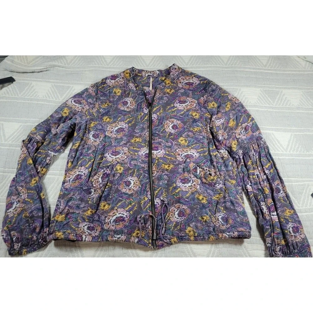 Free People Floral Bomber Jacket Women M  Boho Balloon Sleeve Festival